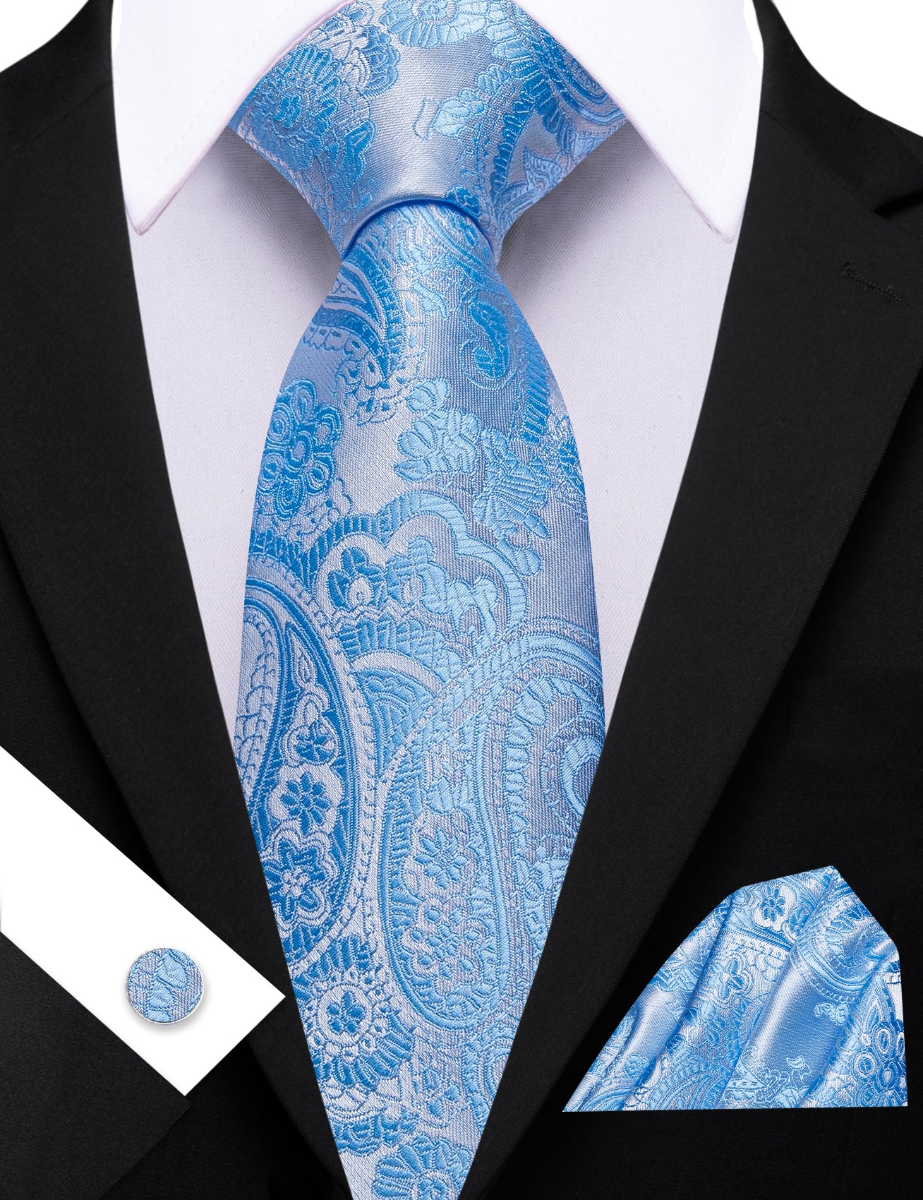 Barry. Wang Sky Blue Paisley Silk Tie Pocket Square Cufflinks Set for Men