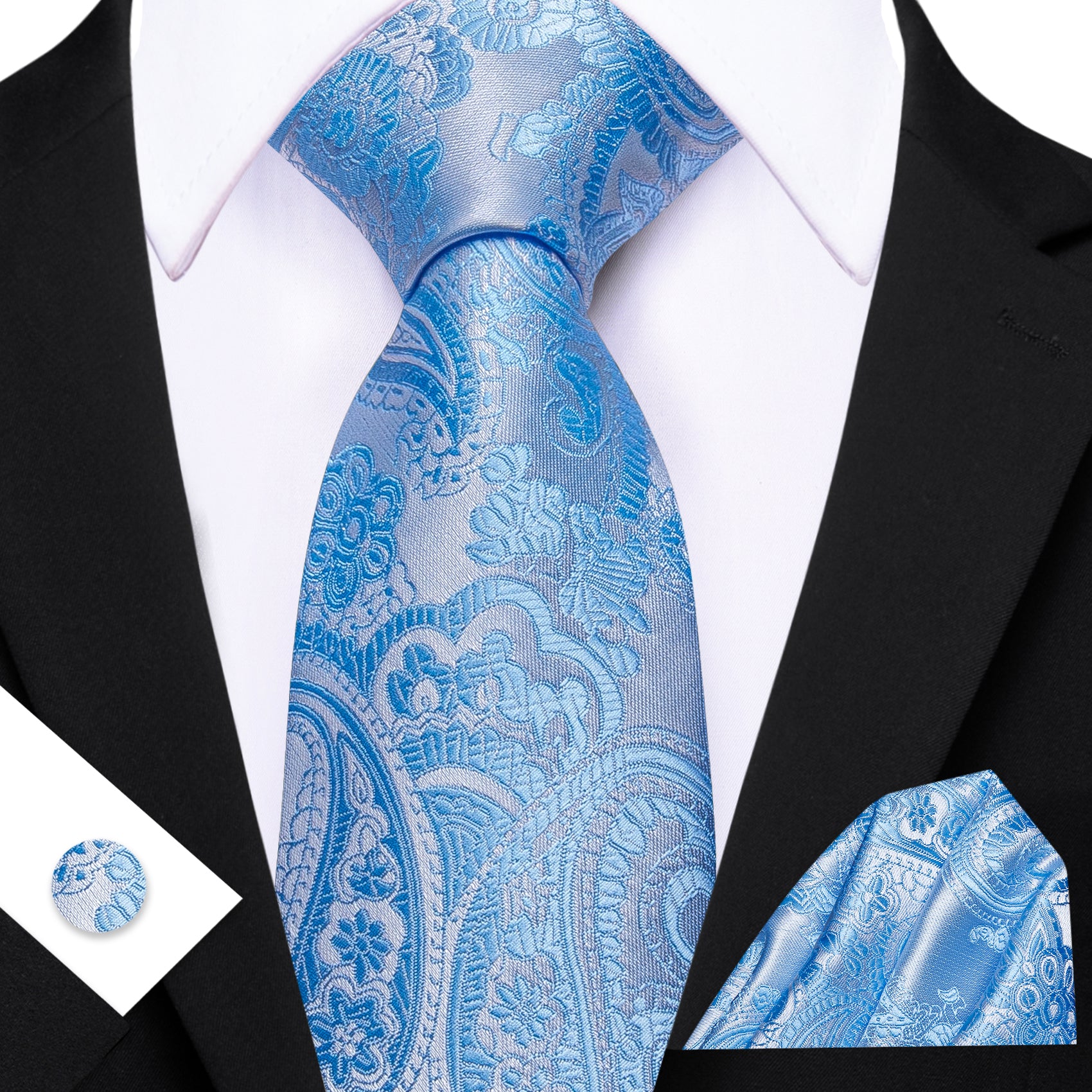 Barry. Wang Sky Blue Paisley Silk Tie Pocket Square Cufflinks Set for Men