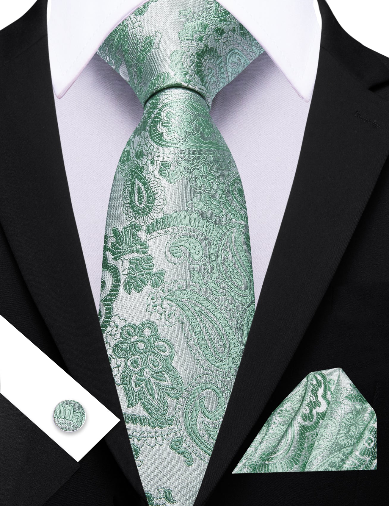 Barry. Wang Mint Green Paisley Silk Tie Pocket Square Cufflinks Set for Men