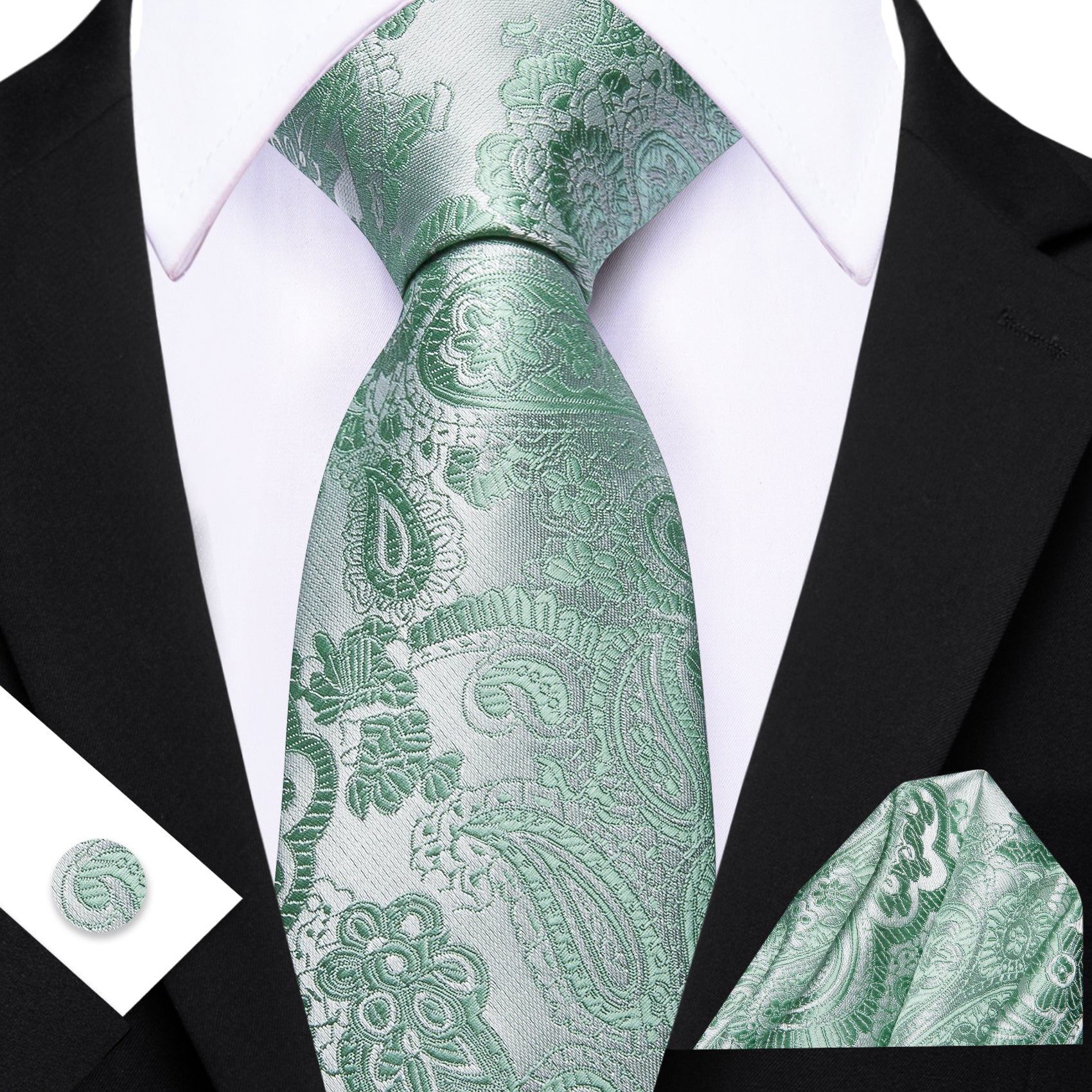 Barry. Wang Mint Green Paisley Silk Tie Pocket Square Cufflinks Set for Men