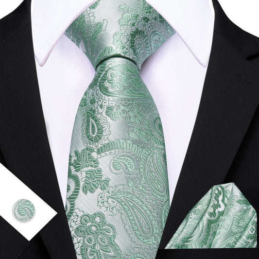 Barry. Wang Mint Green Paisley Silk Tie Pocket Square Cufflinks Set for Men