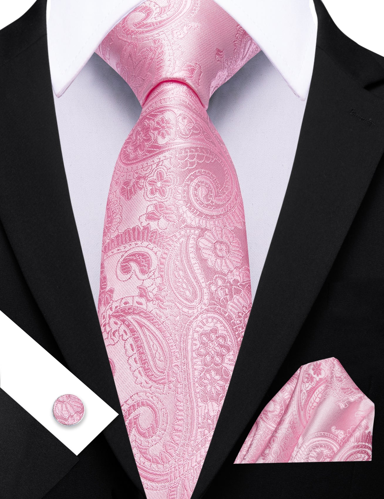 Barry. Wang Pale Pink Paisley Silk Tie Pocket Square Cufflinks Set for Men