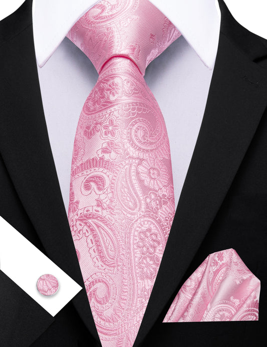 Barry. Wang Pale Pink Paisley Silk Tie Pocket Square Cufflinks Set for Men
