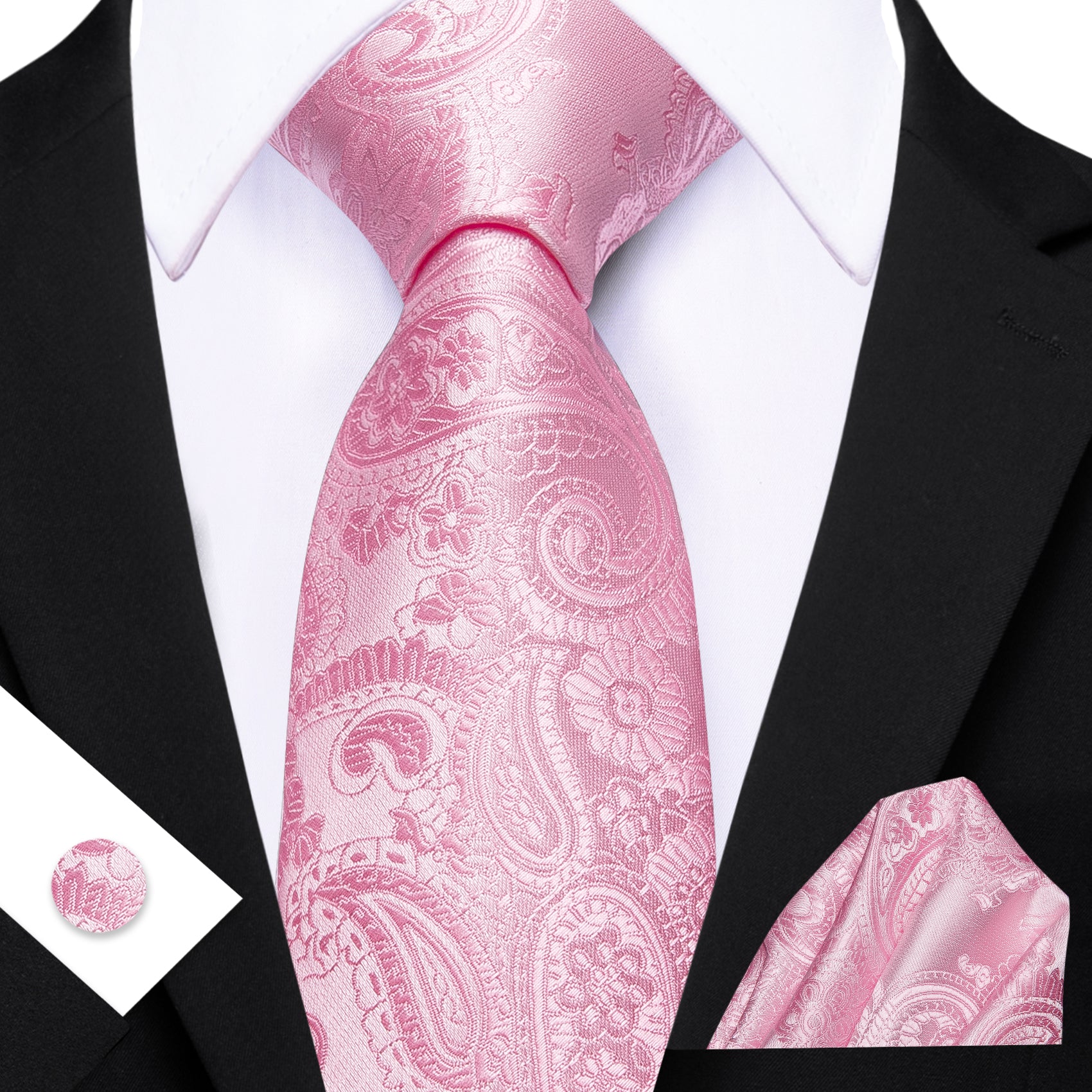Barry. Wang Pale Pink Paisley Silk Tie Pocket Square Cufflinks Set for Men