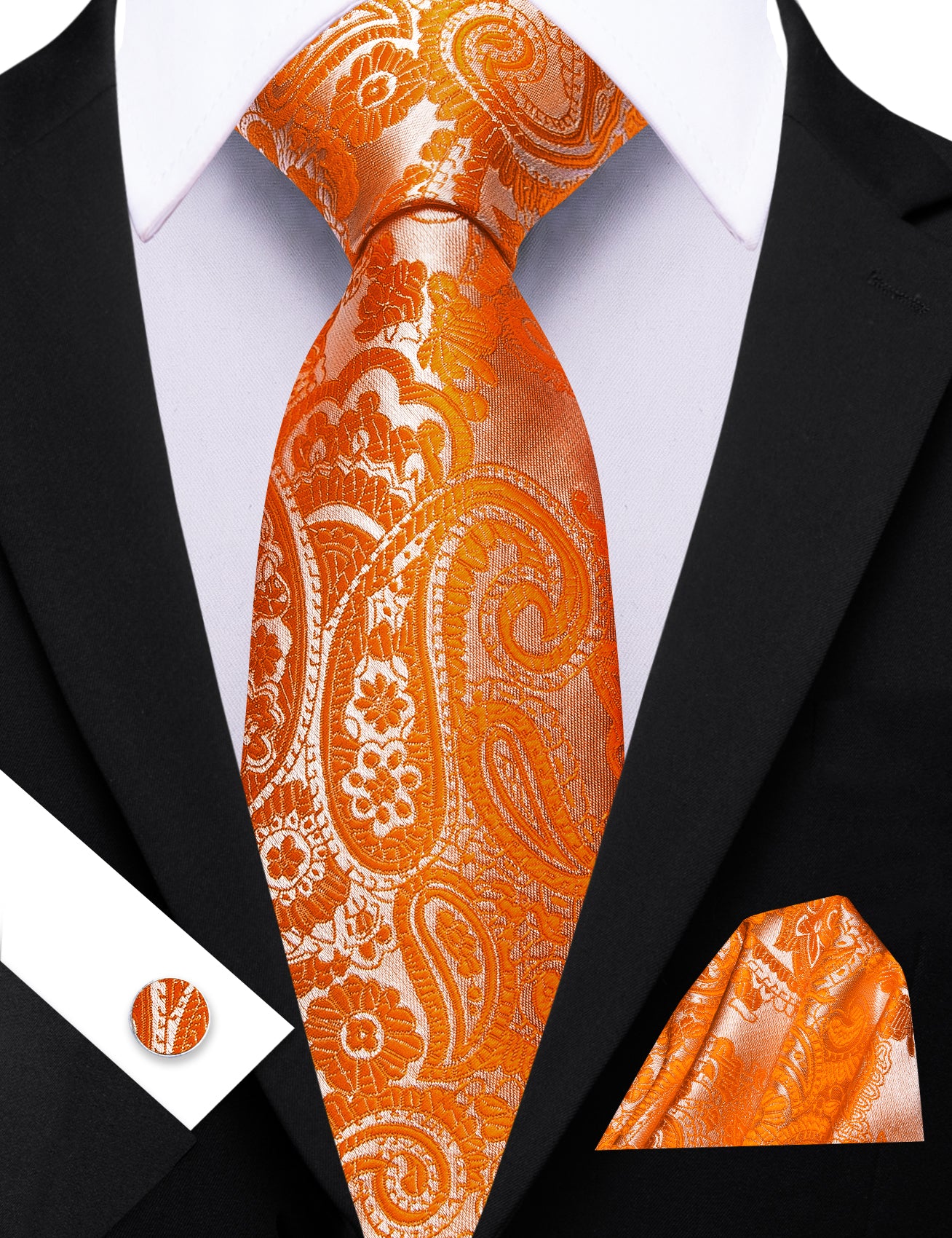 Barry. Wang Vibrant Orange Paisley Tie for Men Silk Wedding Necktie Set