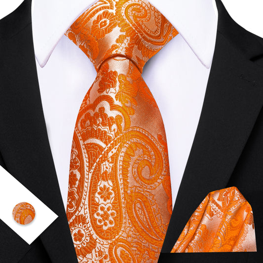 Barry. Wang Vibrant Orange Paisley Tie for Men Silk Wedding Necktie Set