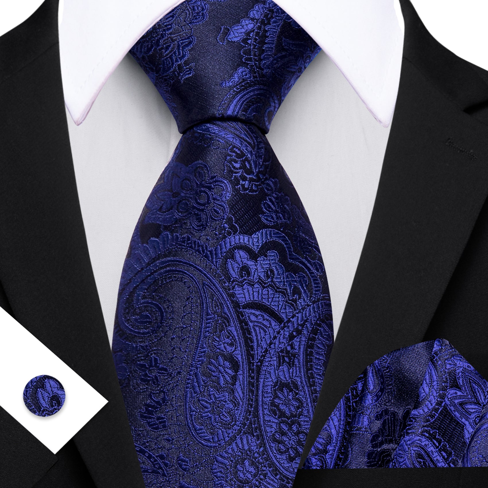 Barry. Wang Navy Blue Necktie Paisley Silk Tie Pocket Square Cufflinks Set for Men