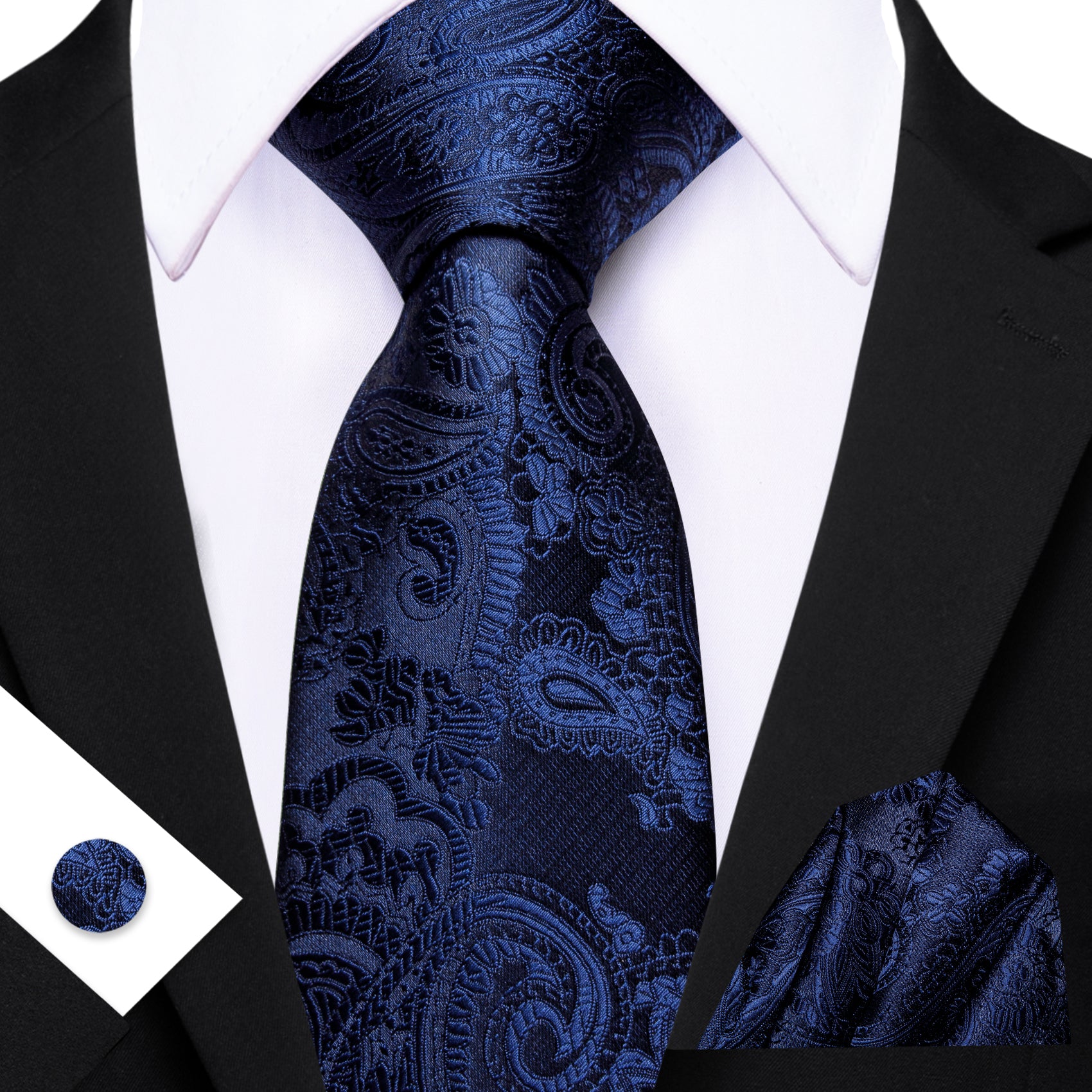 Barry. Wang Deep Navy Paisley Silk Tie Pocket Square Cufflinks Set for Men