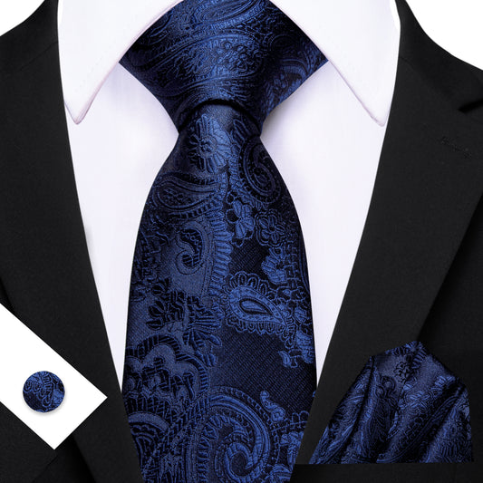 Barry. Wang Deep Navy Paisley Silk Tie Pocket Square Cufflinks Set for Men