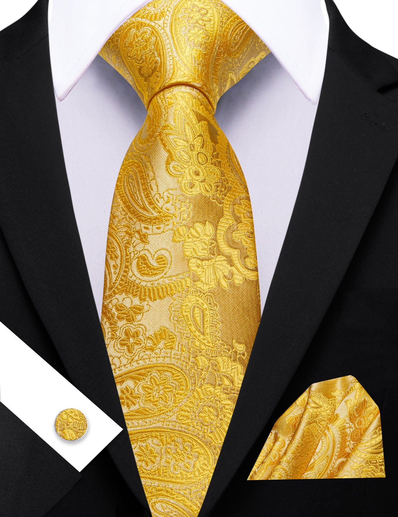Barry. Wang Golden Yellow Paisley Silk Tie Pocket Square Cufflinks Set for Men