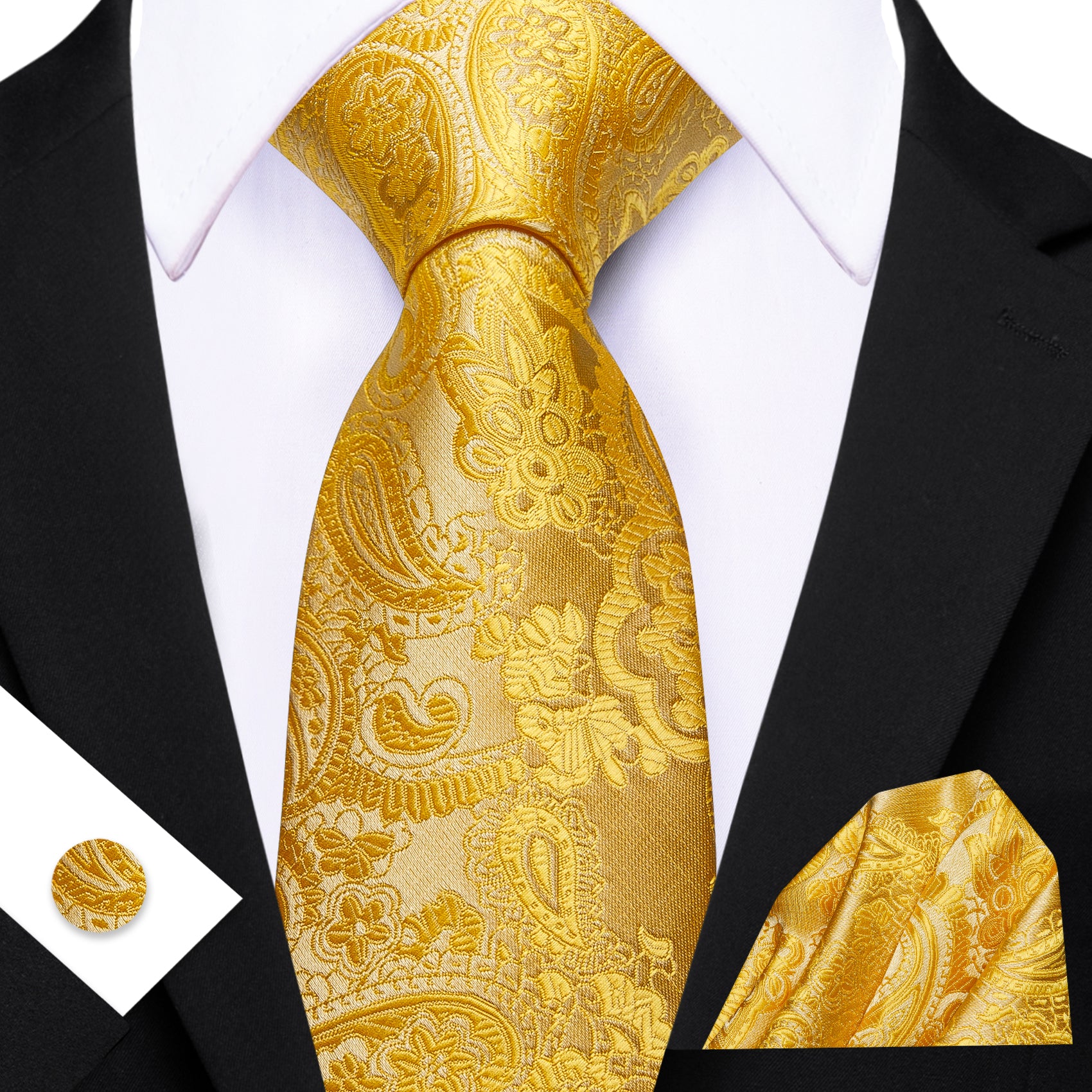 Barry. Wang Golden Yellow Paisley Silk Tie Pocket Square Cufflinks Set for Men