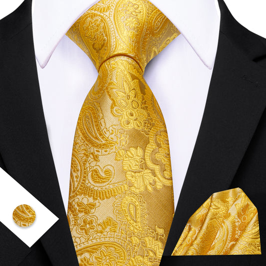 Barry. Wang Golden Yellow Paisley Silk Tie Pocket Square Cufflinks Set for Men