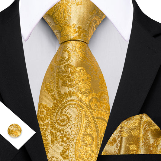 Barry. Wang Yellow Necktie Paisley Silk Tie Pocket Square Cufflinks Set for Men