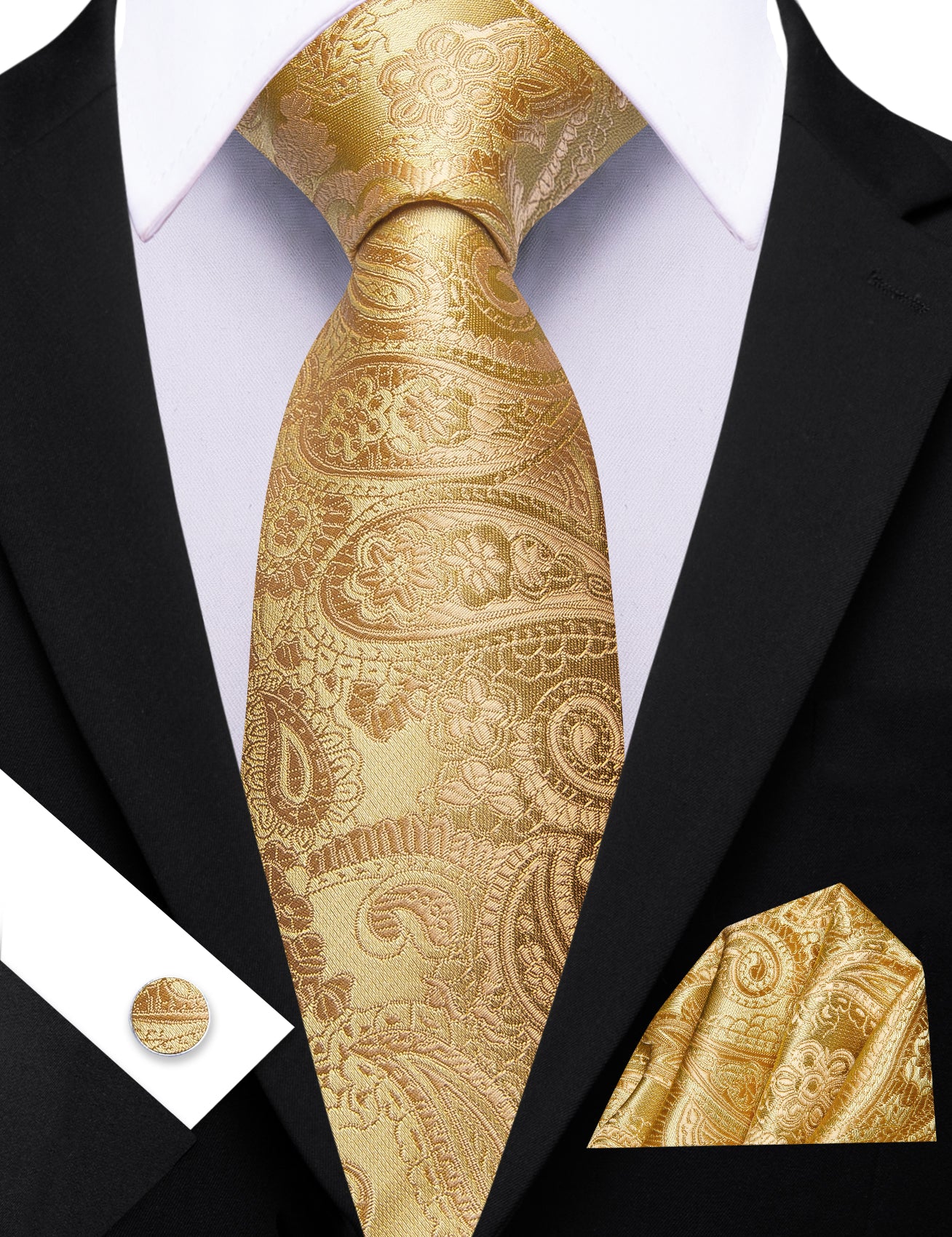Barry. Wang Metallic Gold Paisley Silk Tie Pocket Square Cufflinks Set for Men