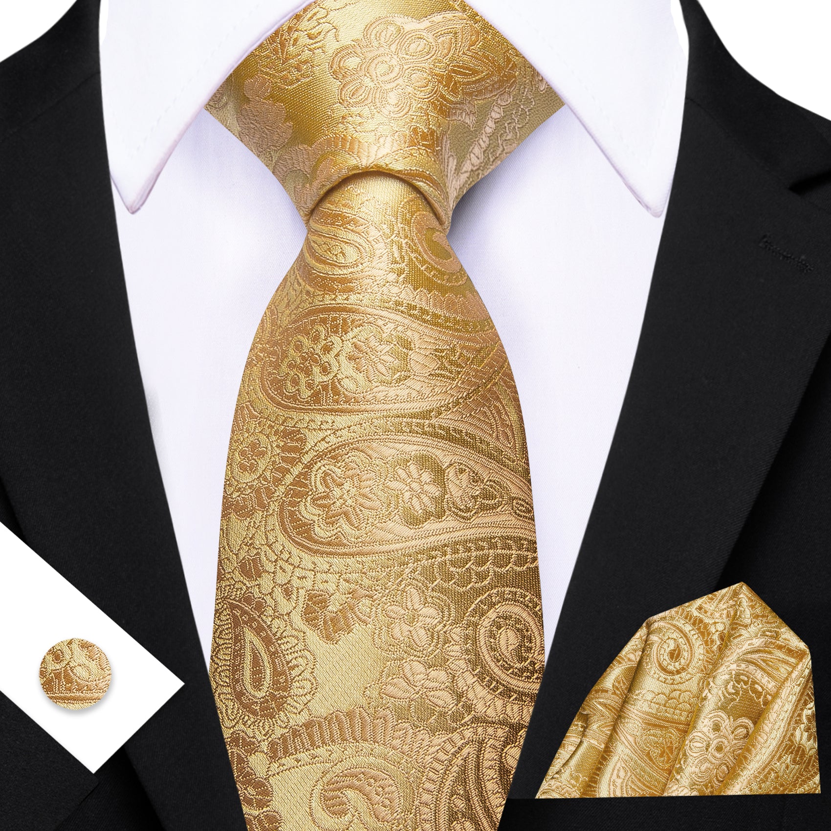 Barry. Wang Metallic Gold Paisley Silk Tie Pocket Square Cufflinks Set for Men
