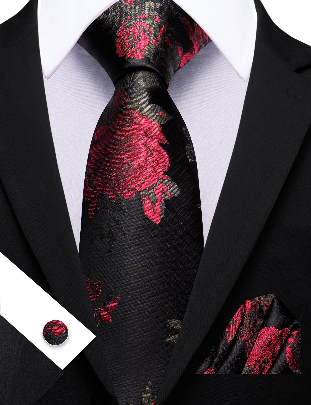 Barry. Wang Red Rose Floral Black Silk Men's Tie Handkerchief Cufflinks Set