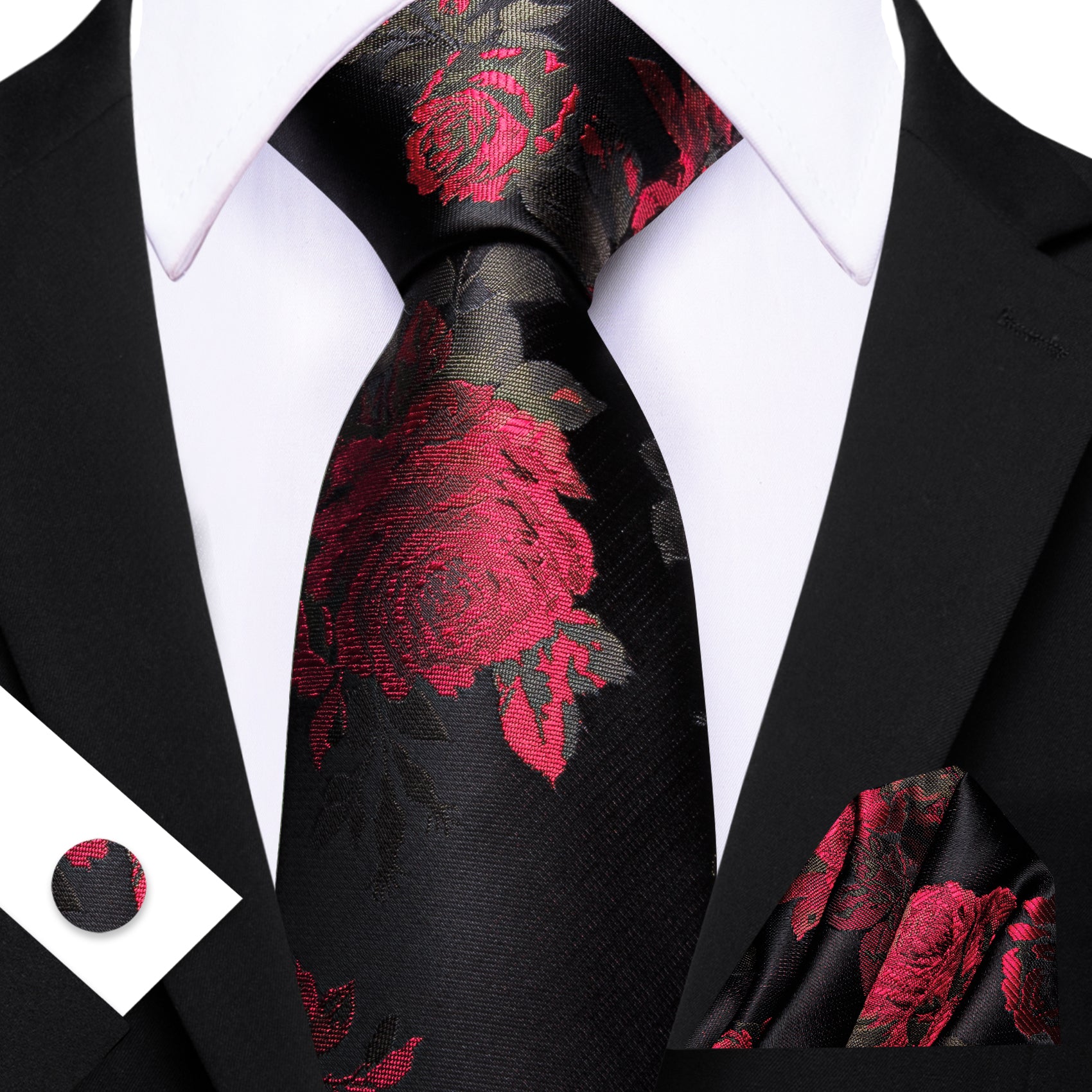 Barry. Wang Red Rose Floral Black Silk Men's Tie Handkerchief Cufflinks Set