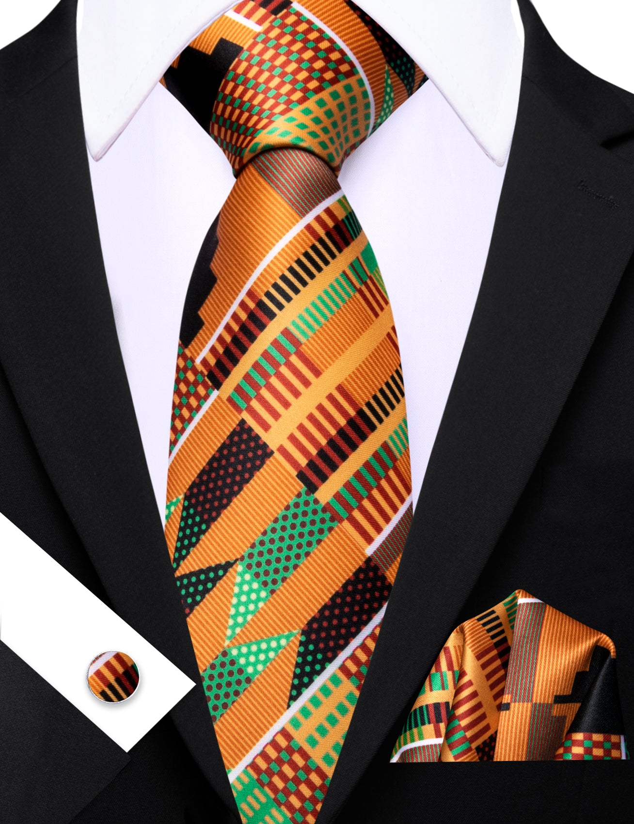 Barry. Wang Orange Green Novelty Silk Men Tie Pocket Square Cufflinks Set