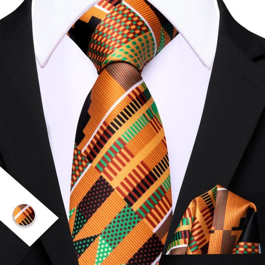 Barry. Wang Orange Green Novelty Silk Men Tie Pocket Square Cufflinks Set
