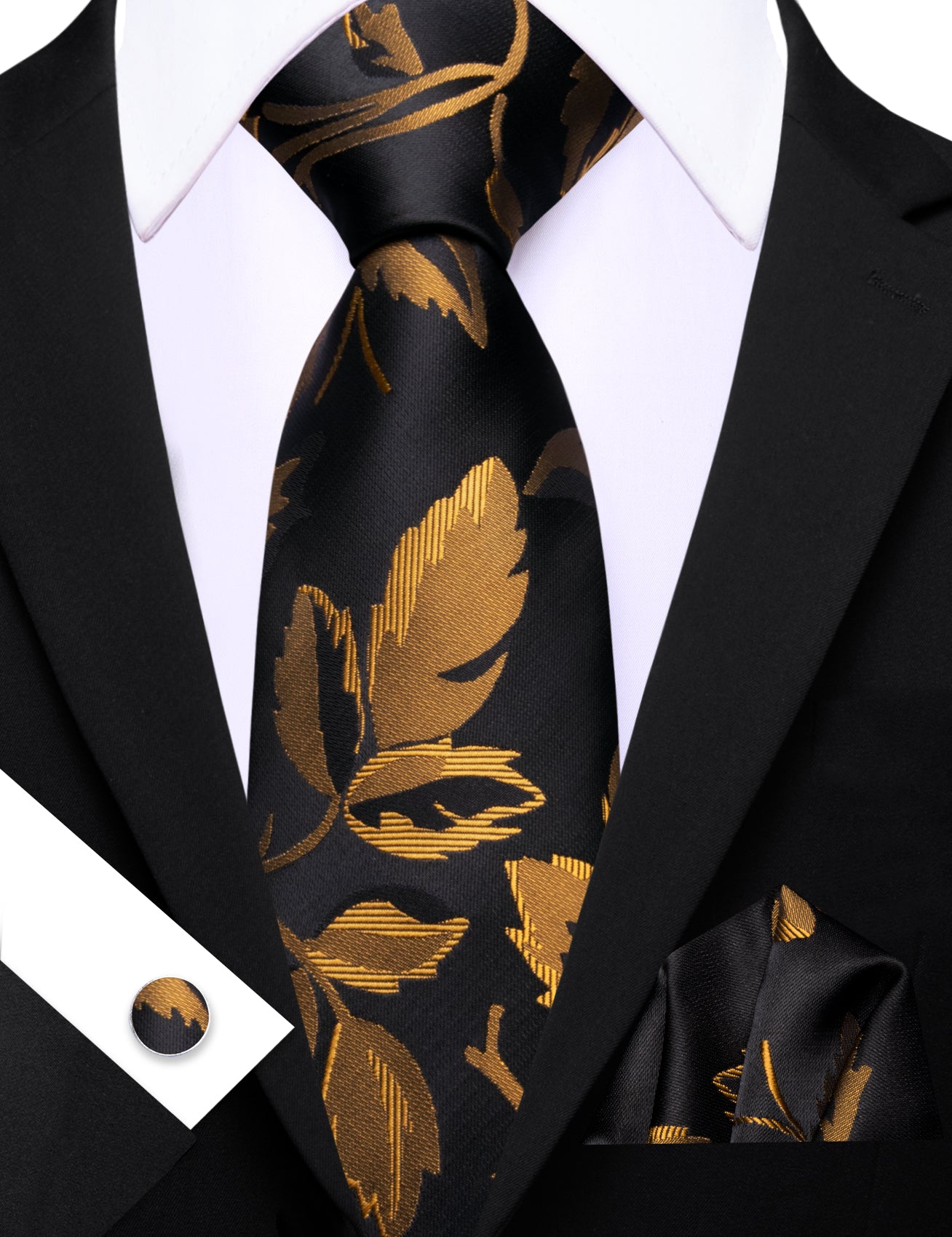 Barry. Wang Bronze Gold Leaf Floral Black Silk Men's Tie Handkerchief Cufflinks Set