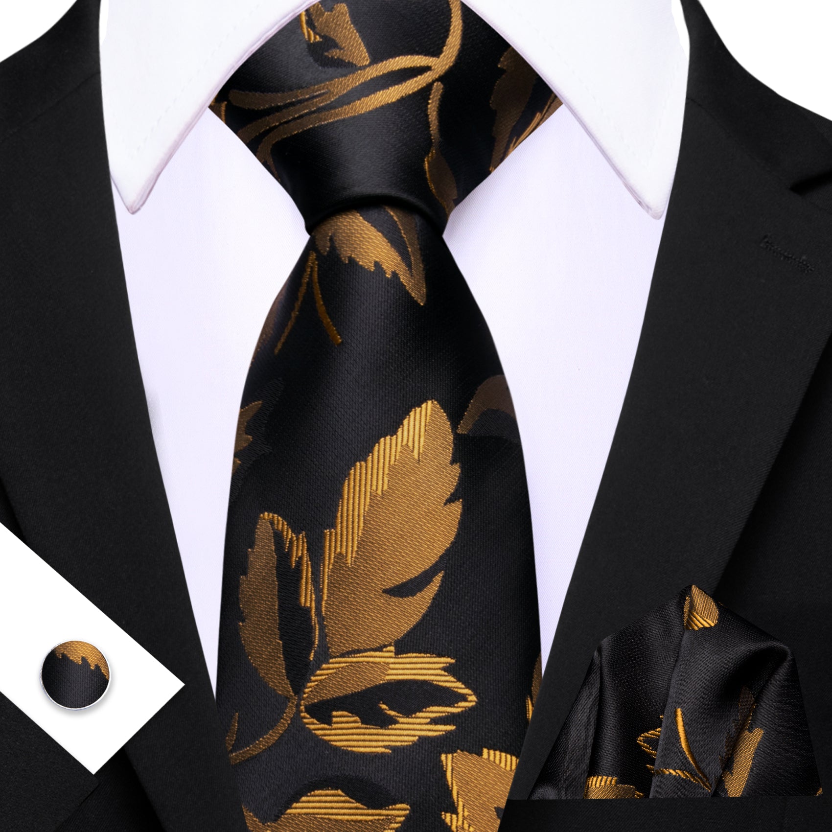 Barry. Wang Bronze Gold Leaf Floral Black Silk Men's Tie Handkerchief Cufflinks Set