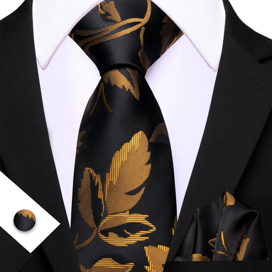 Barry. Wang Bronze Gold Leaf Floral Black Silk Men's Tie Handkerchief Cufflinks Set