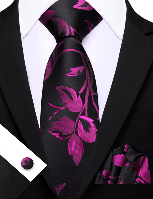 Barry. Wang Magenta Leaf Floral Black Silk Men's Tie Handkerchief Cufflinks Set