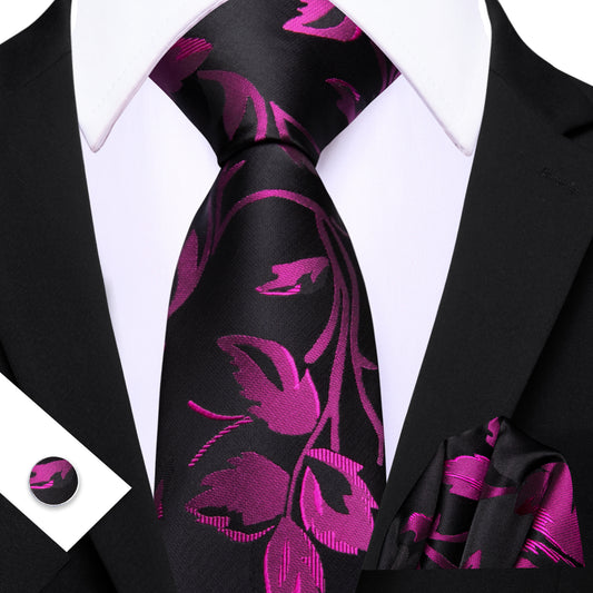 Barry. Wang Magenta Leaf Floral Black Silk Men's Tie Handkerchief Cufflinks Set