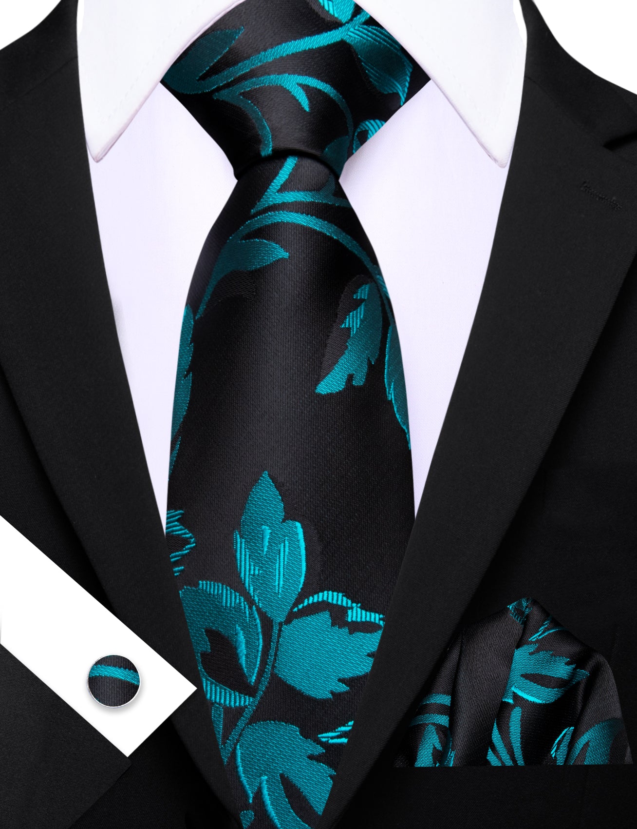 Barry. Wang Light Blue Leaf Floral Black Silk Men's Tie Handkerchief Cufflinks Set