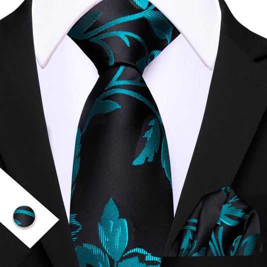 Barry. Wang Light Blue Leaf Floral Black Silk Men's Tie Handkerchief Cufflinks Set