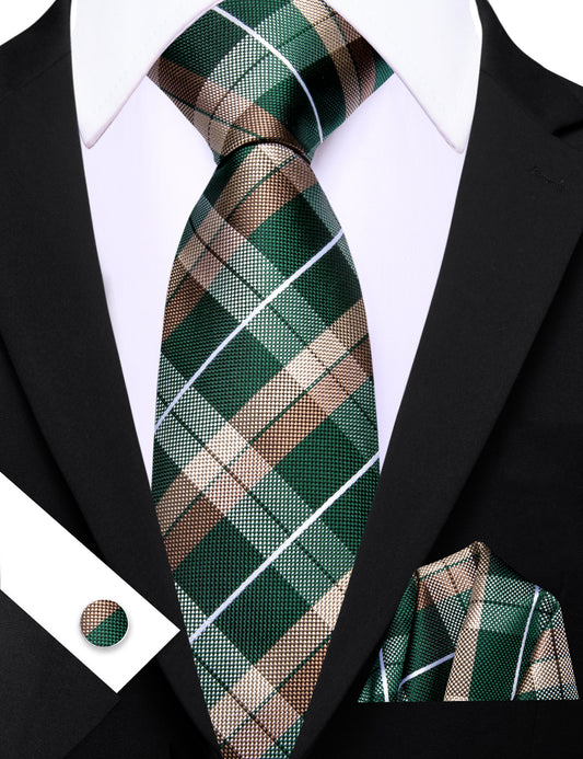Barry. Wang Men's Necktie Green Brown Plaid Tie Handkerchief Cufflinks Set