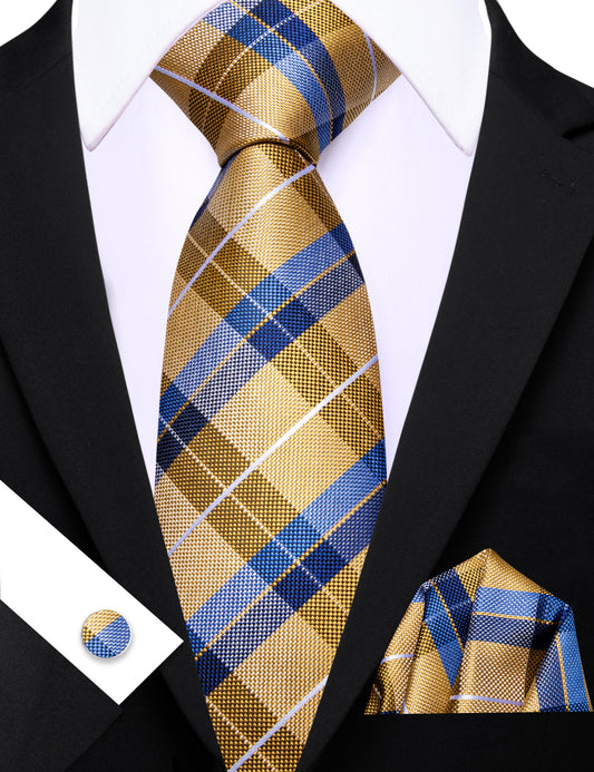 Barry. Wang Men's Necktie Gold Blue Plaid Tie Handkerchief Cufflinks Set