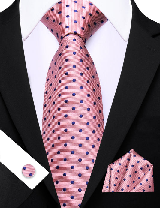 Barry. Wang Pink Blue Polka Dot Tie Handkerchief Cufflinks Set for Men