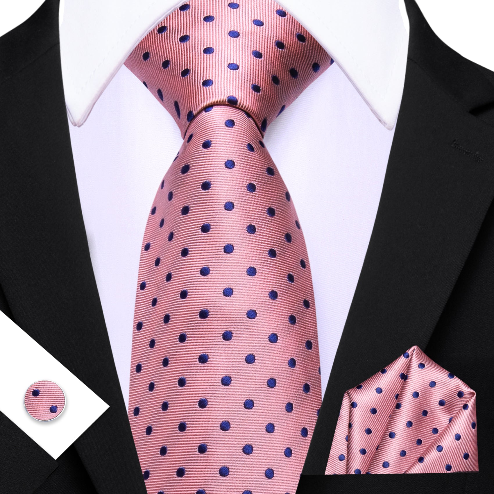 Barry. Wang Pink  Blue Polka Dot Tie Handkerchief Cufflinks Set for Men