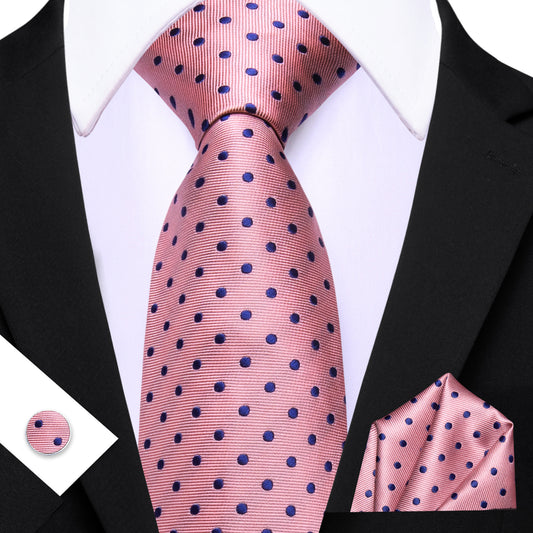 Barry. Wang Pink Blue Polka Dot Tie Handkerchief Cufflinks Set for Men