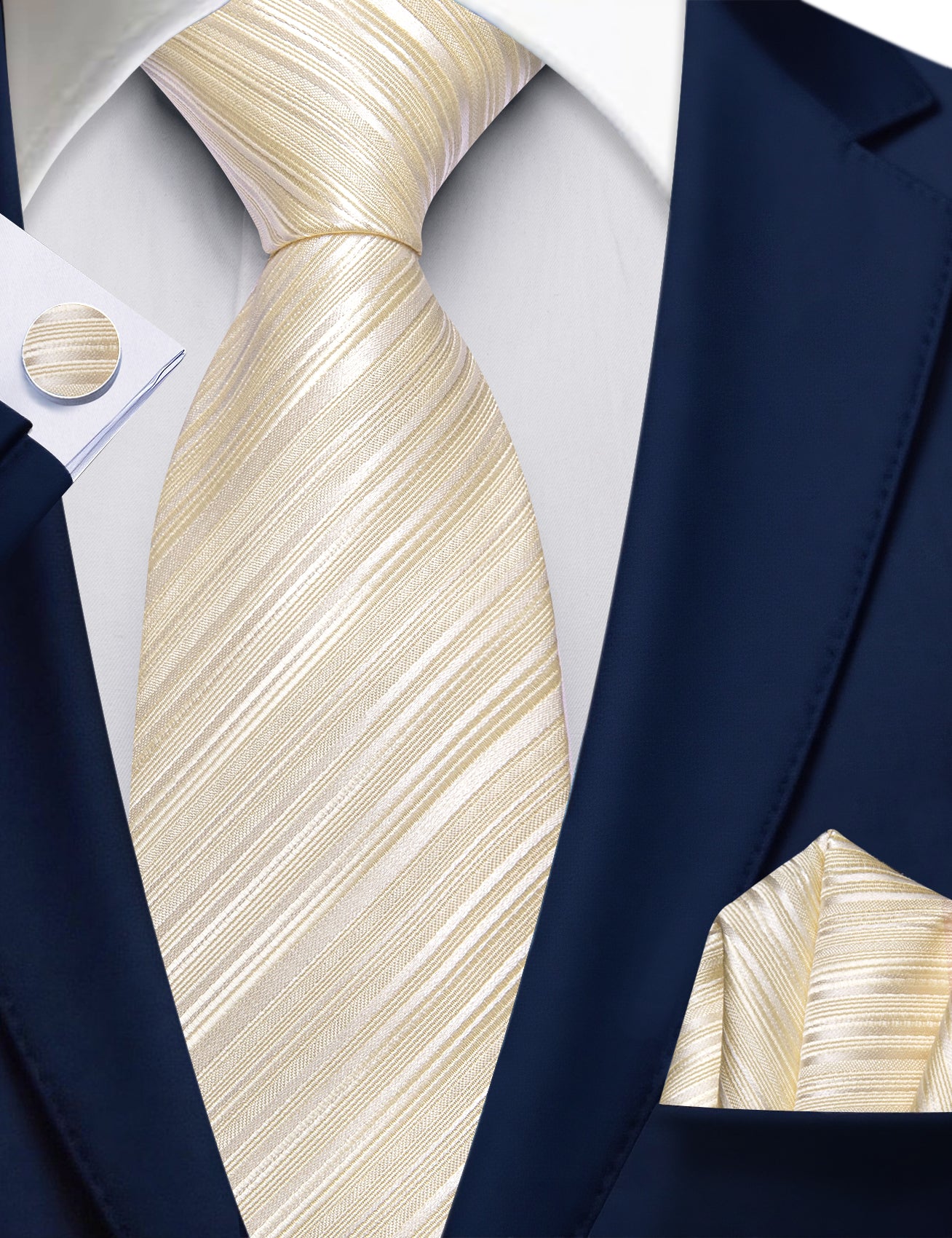 Barry. Wang Light Yellow Striped Tie Handkerchief Cufflinks Set for Men