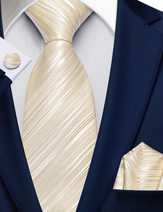 Barry. Wang Light Yellow Striped Tie Handkerchief Cufflinks Set for Men