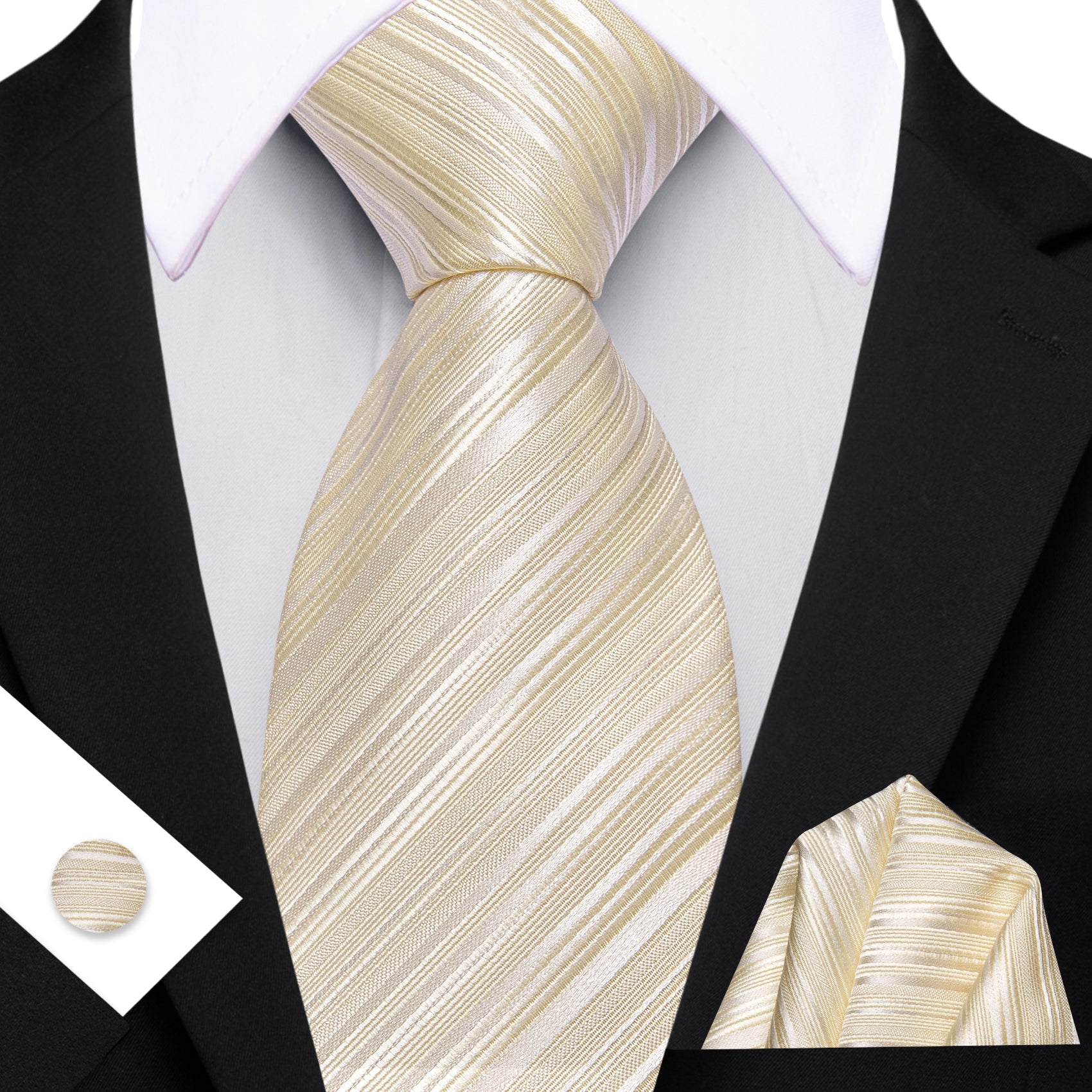 Barry. Wang Light Yellow Striped Tie Handkerchief Cufflinks Set for Men