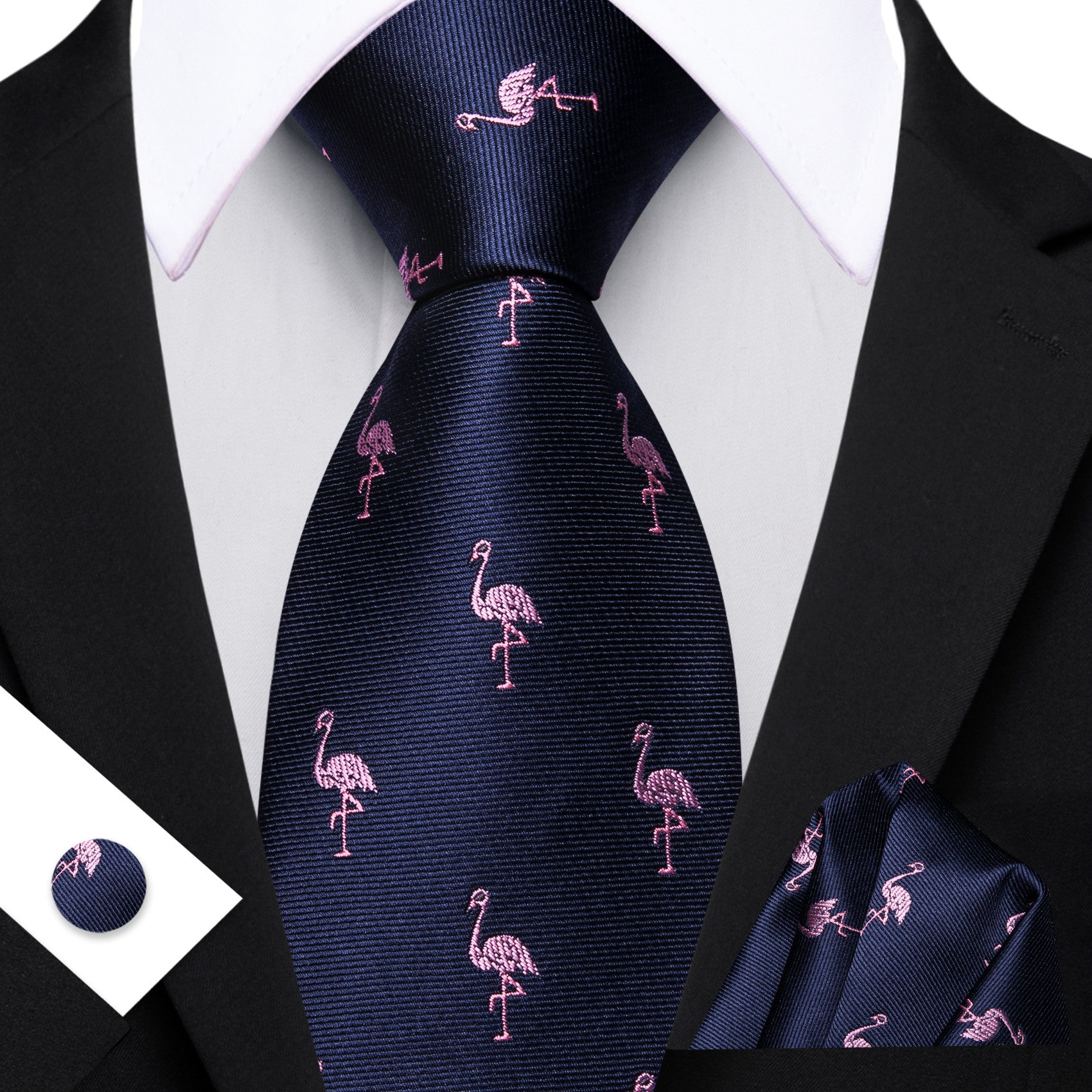 Barry. Wang Navy Blue Tie Pink Flamingo Pattern Novelty Necktie Set