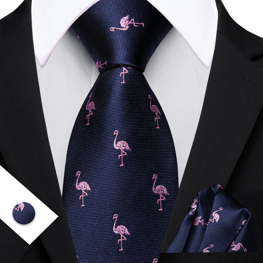 Barry. Wang Navy Blue Tie Pink Flamingo Pattern Novelty Necktie Set