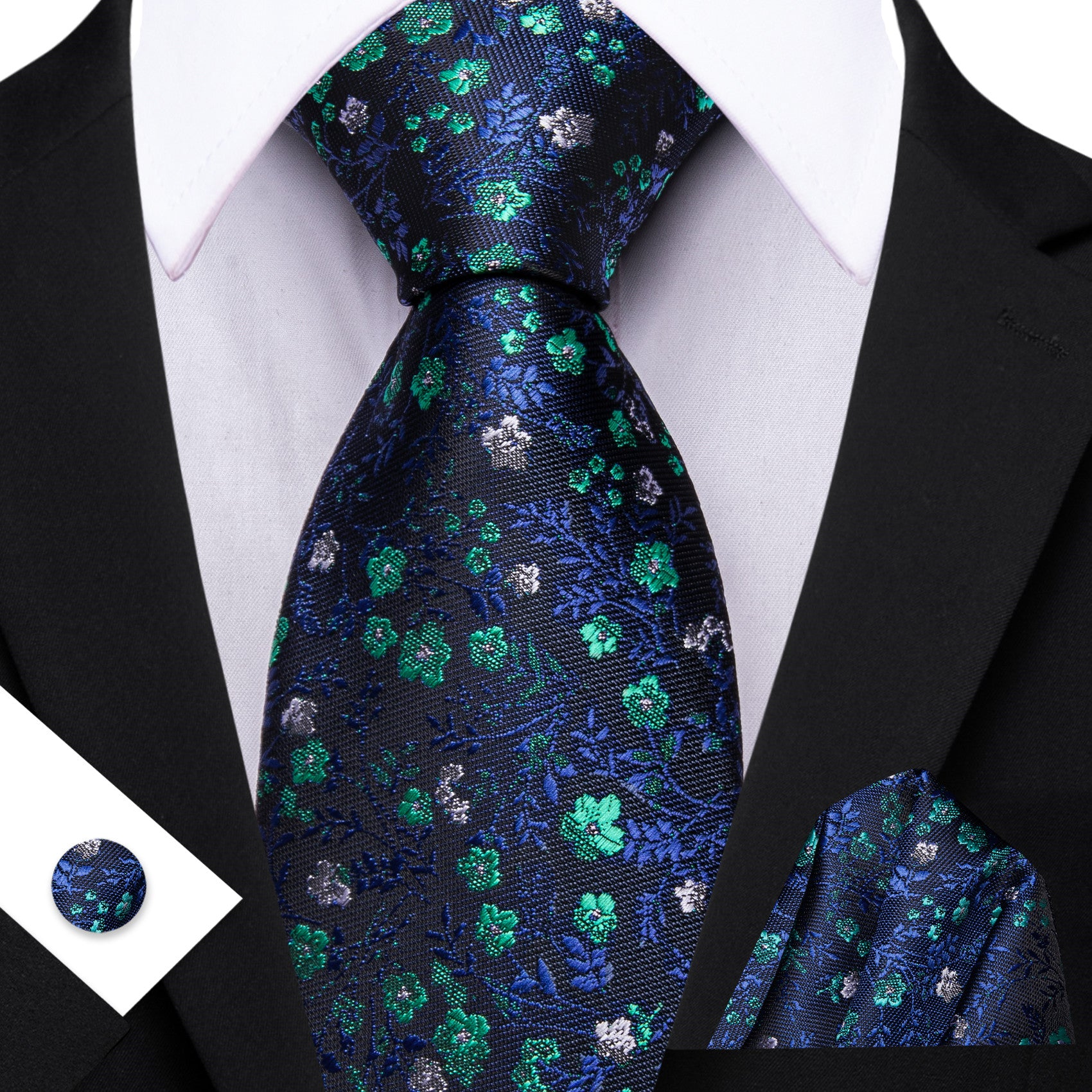 Barry. Wang Navy Blue Necktie Green Floral Silk Tie Pocket Square Cufflinks Set