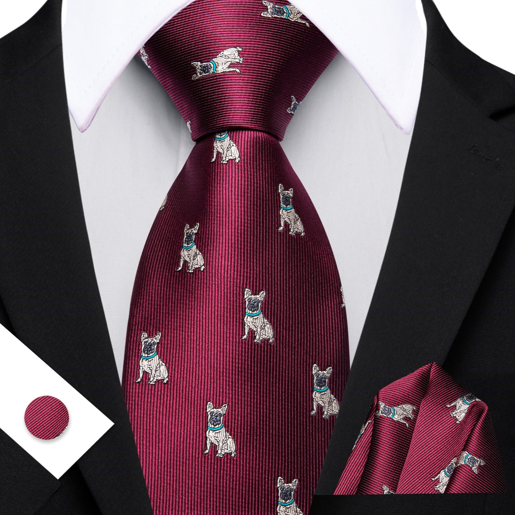 Barry. Wang Burgundy Necktie Cute Puppy Pattern Novelty Silk Tie Hanky Cufflinks Set