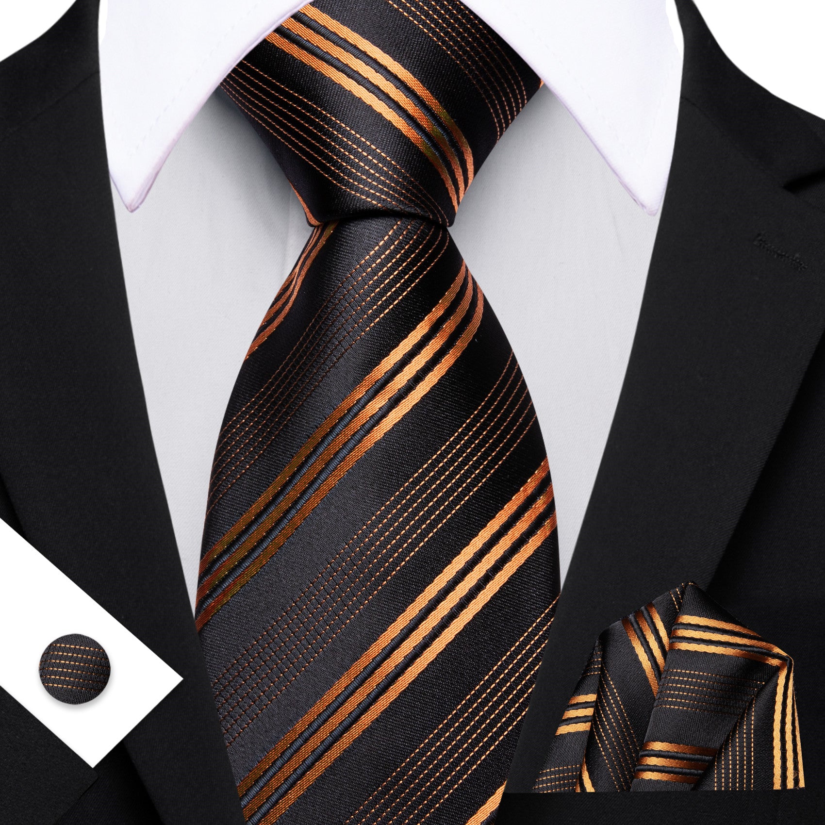 Barry. Wang Gold Brown Striped Tie Silk Necktie Pocket Square Cufflinks Set