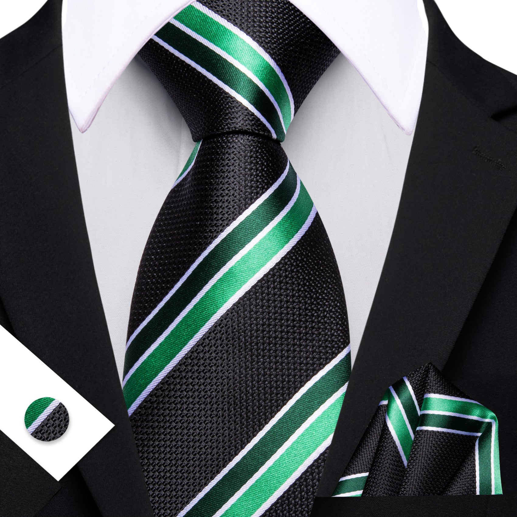 Barry. Wang Black Necktie Green Striped Tie Silk Necktie Pocket Square Cufflinks Set