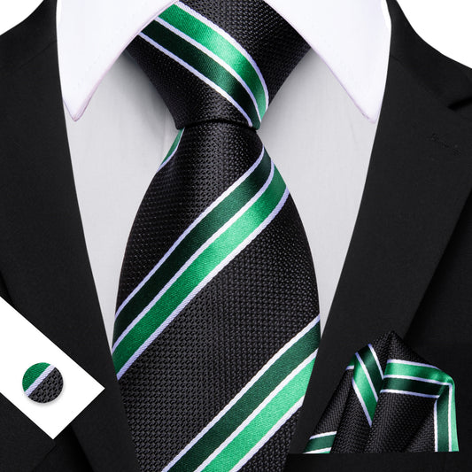 Barry. Wang Black Necktie Green Striped Tie Silk Necktie Pocket Square Cufflinks Set