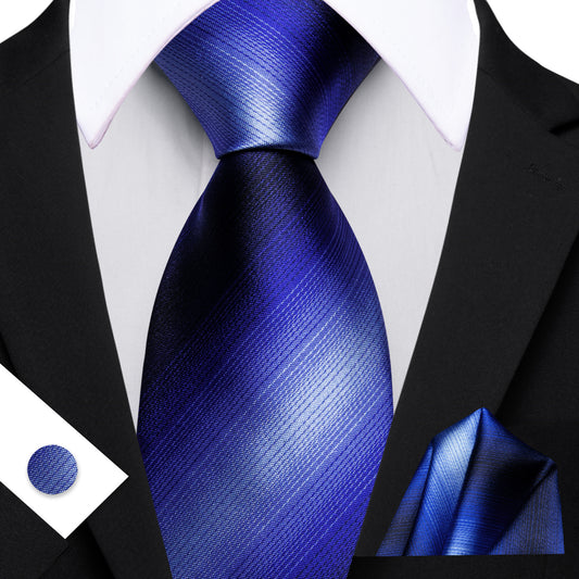 Barry.Wang Stripe Ties Royal Blue Silk Classic Necktie Pocket Square Cufflinks Set
