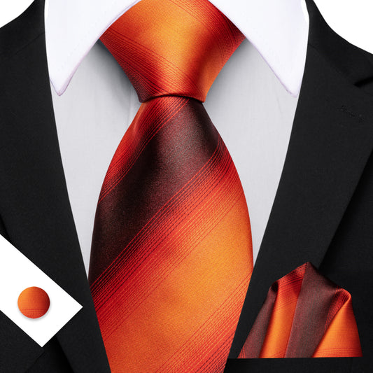 Barry. Wang Burnt Orange Tie Striped Silk Necktie Pocket Square Cufflinks Set