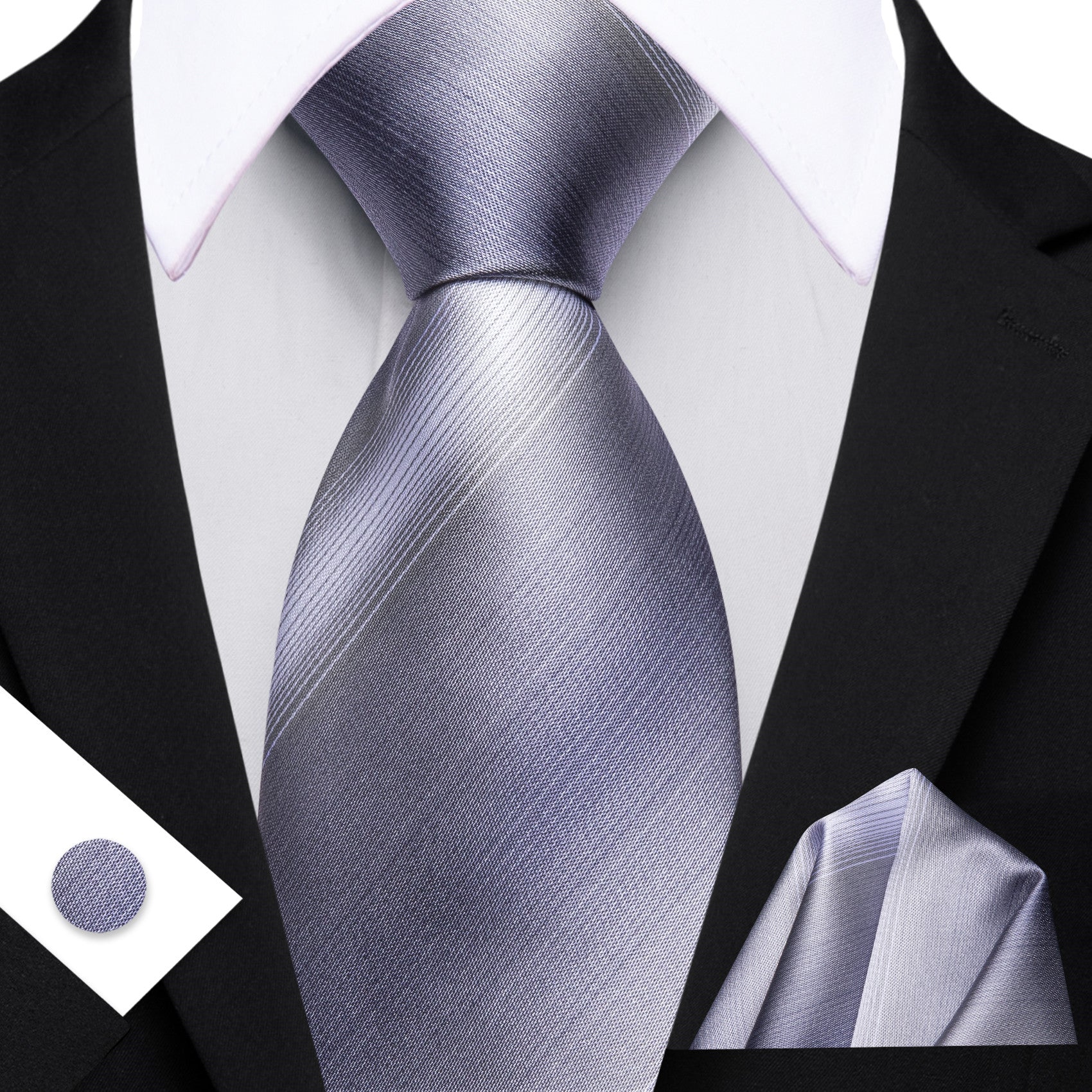 Barry. Wang Grey Silver Striped Silk Tie Hanky Cufflinks Set