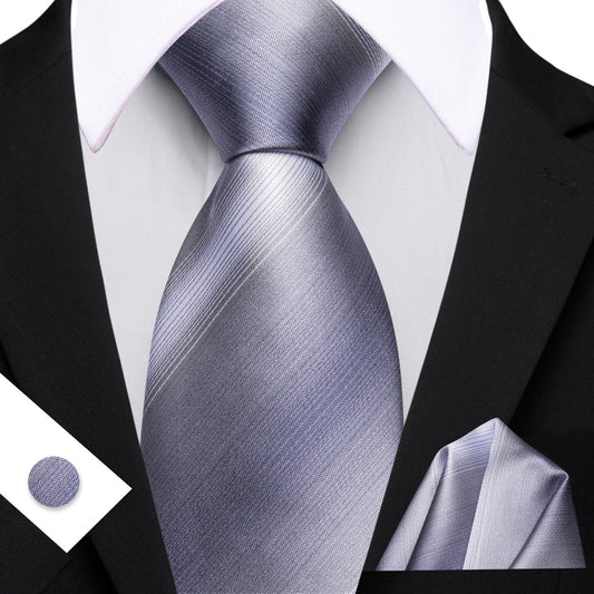 Barry. Wang Grey Silver Striped Silk Tie Hanky Cufflinks Set