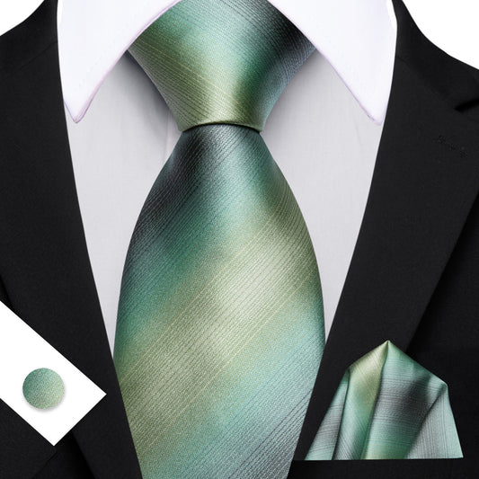 Barry. Wang Sage Green Tie Striped Silk Necktie Pocket Square Cufflinks Set